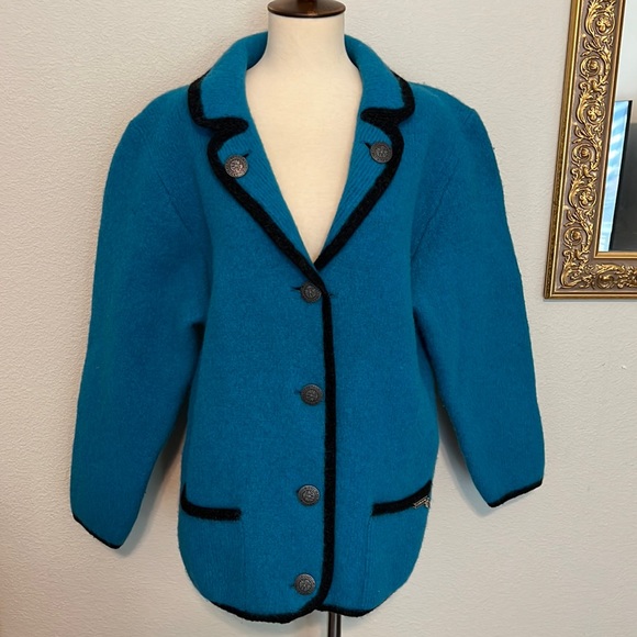 Stapf turquoise wool sweater metal buttons made in Austria, as is - Picture 2 of 16